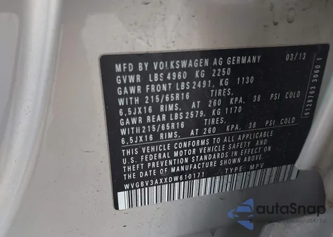 2013 Volkswagen Tiguan S from USA, damaged, VIN WVGBV3AXXDW610171